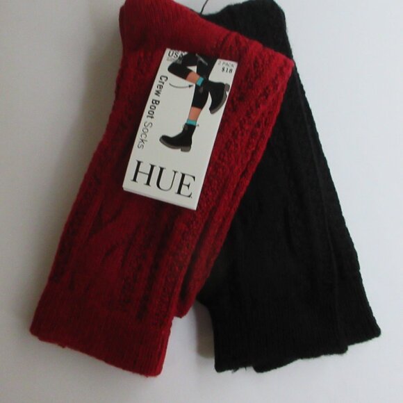 HUE Cable Ribbed Crew Length Boot Socks 2 Pack Black / Red One Size Made in USA - Picture 3 of 15